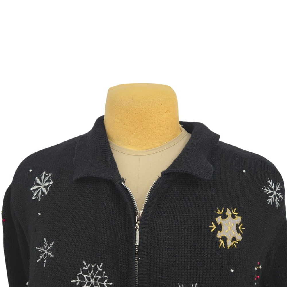 Hampshire Studio Zip Up Sweater Women 3X Black Christmas Santa Snowflake Holiday - Picture 3 of 10
